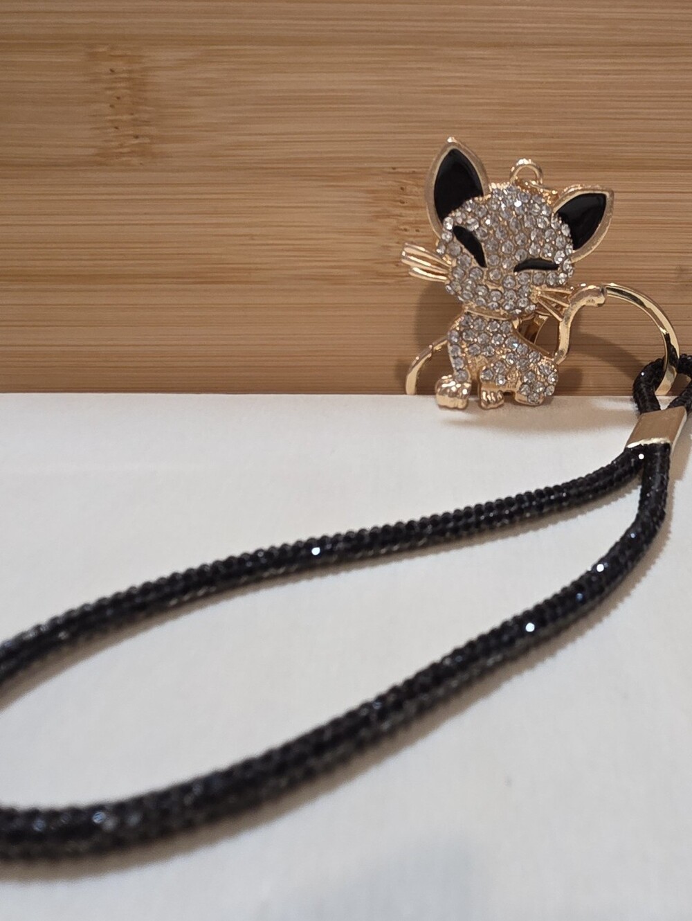Crystal Encrusted Kitten Purse Charm Wristlet Lanyard Keychain Gold & Black - Picture 9 of 12